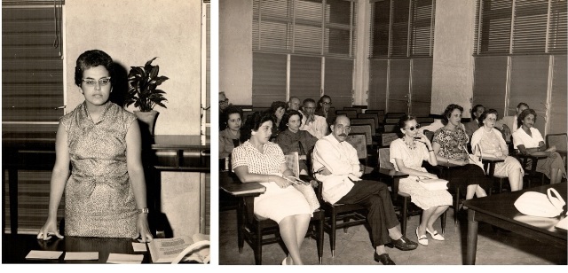 Foto de Conferencia de la doctora Aleida Plasencia “La Revolución cubana y América Latina”, mayo de 1962. En el público, los doctores Juan Pérez de la Riva, Maruja Iglesias y María Teresa Freyre de Andrade. Foto Cooperativa Fotográfica.  